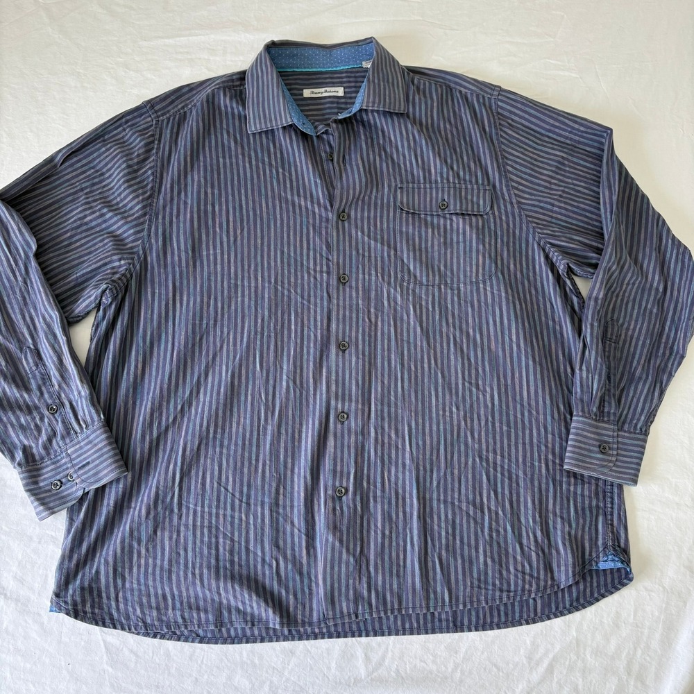 Tommy Bahama Mens XL Striped‎ Button Down Shirt Blue Purple Long Sleeve